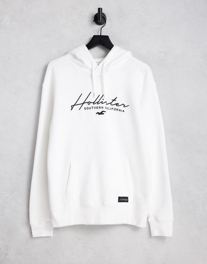 Hollister Large Script Logo Hoodie In Cream-white