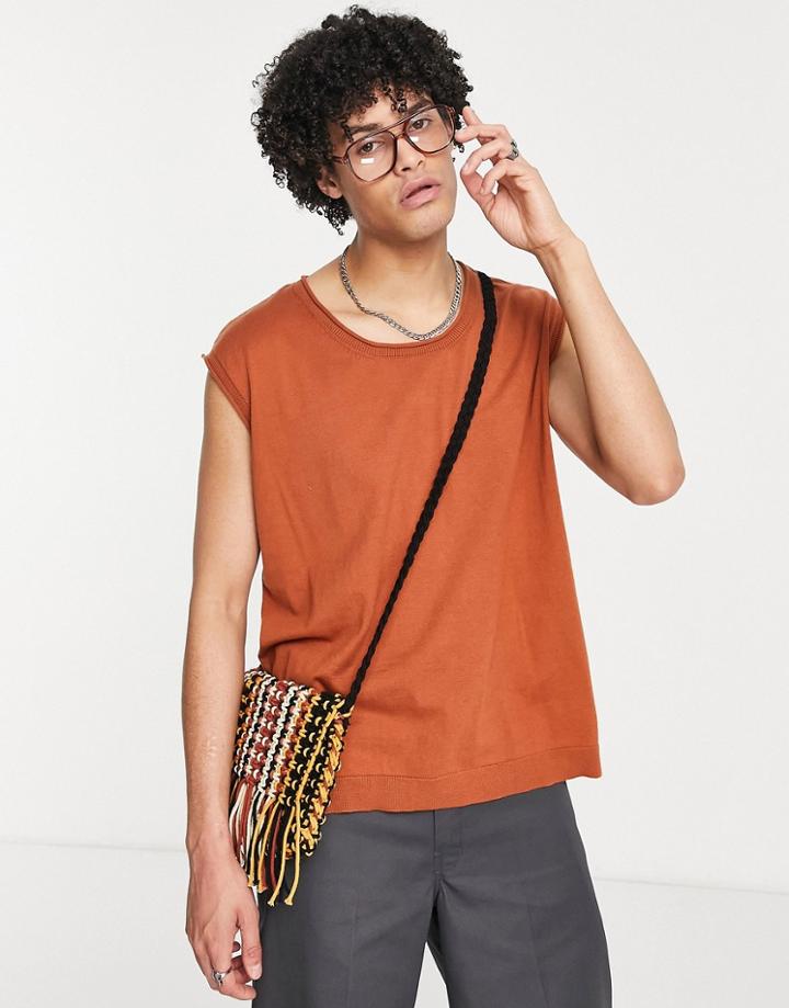 Asos Design Oversized Knitted Cotton Tank Top In Rust-orange