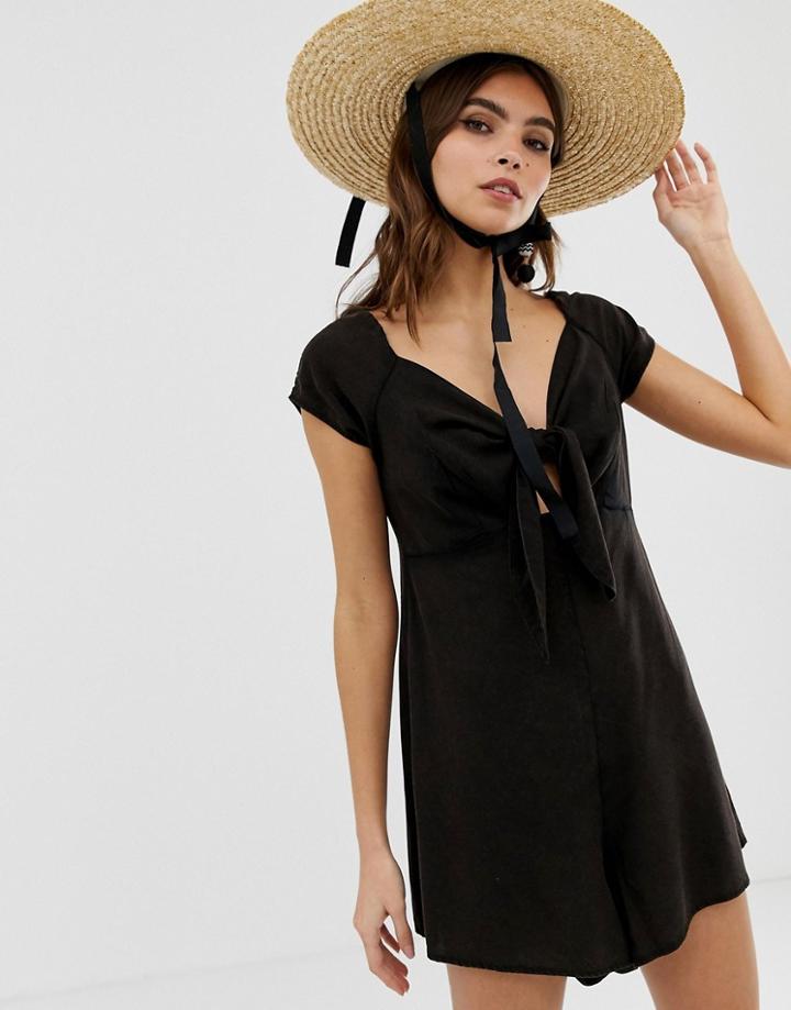 Asos Design Romper With Sweetheart Neck And Knot Front - Black