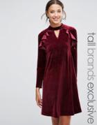True Decadence Tall Frill Long Sleeve Velvet Shift Dress - Red