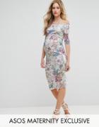Asos Maternity Petite Half Sleeve Bardot Dress In Mint Base Floral Print - Green