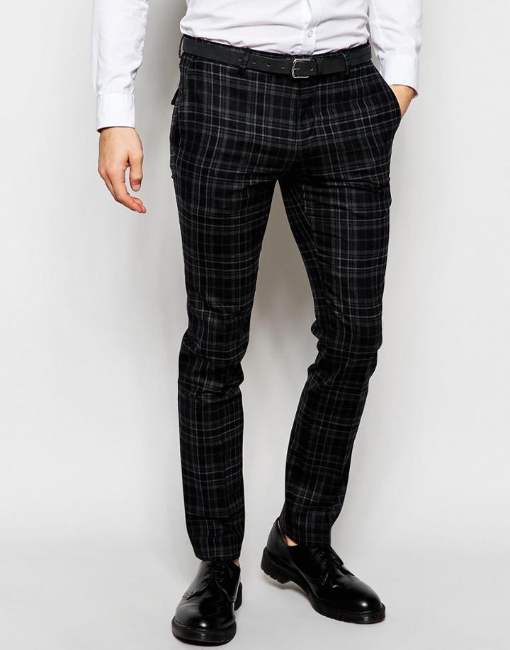 Noose & Monkey Wool Check Pant With Stretch In Skinny Fit - Black