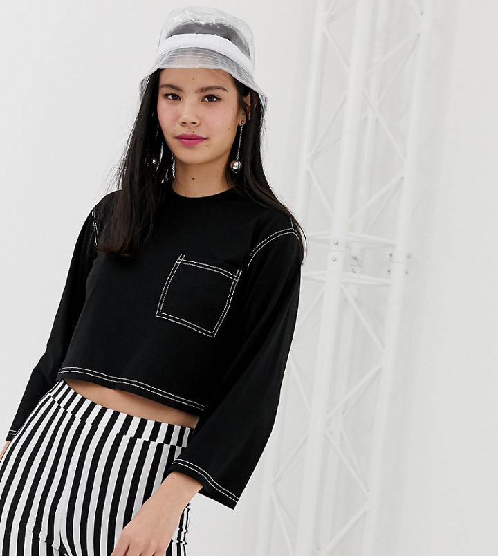Monki Cropped Top With Contrast Stitching In Black - Black