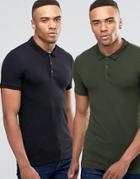 Asos 2 Pack Extreme Muscle Jersey Polo Shirt In Black/green - Multi