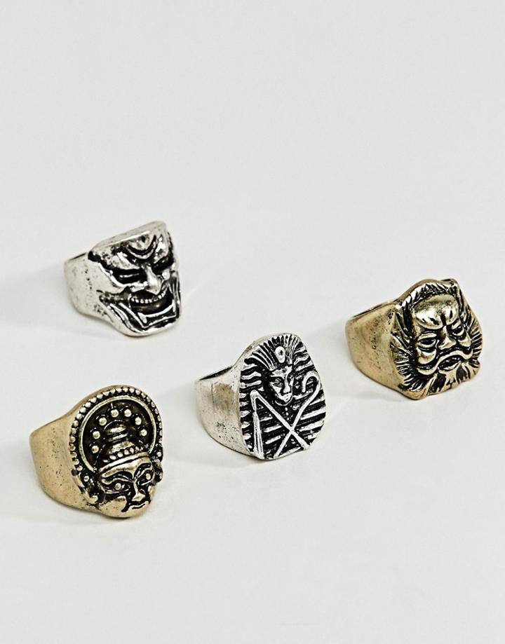 Asos Chunky Ring Pack With Oversized Masks In Mixed Metal Finish - Silver