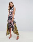 Asos Design Mixed Print Midi Dress With Hanky Hem And Lace Up Back - Multi