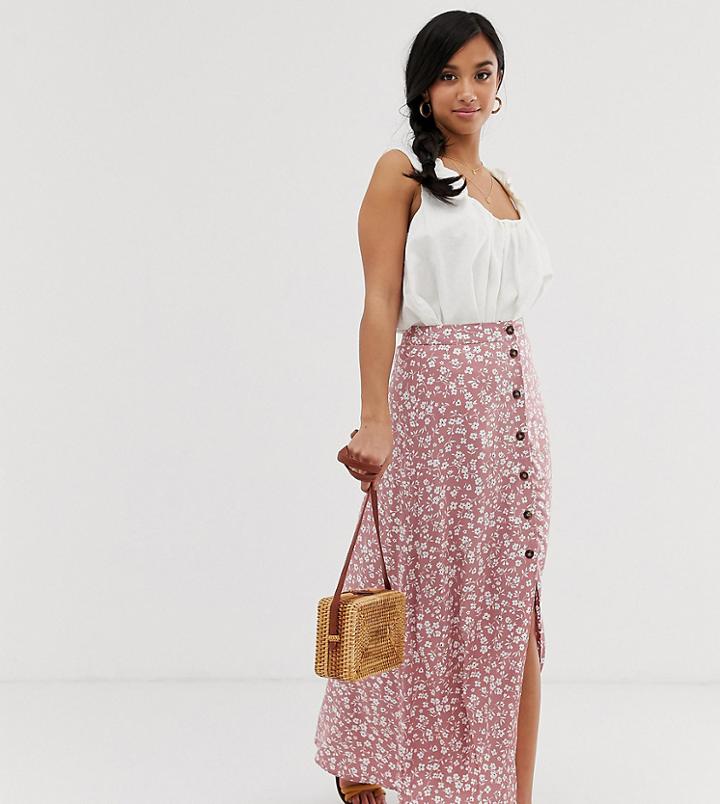 Asos Design Petite Button Front Maxi Skirt In Pink Floral Print-multi