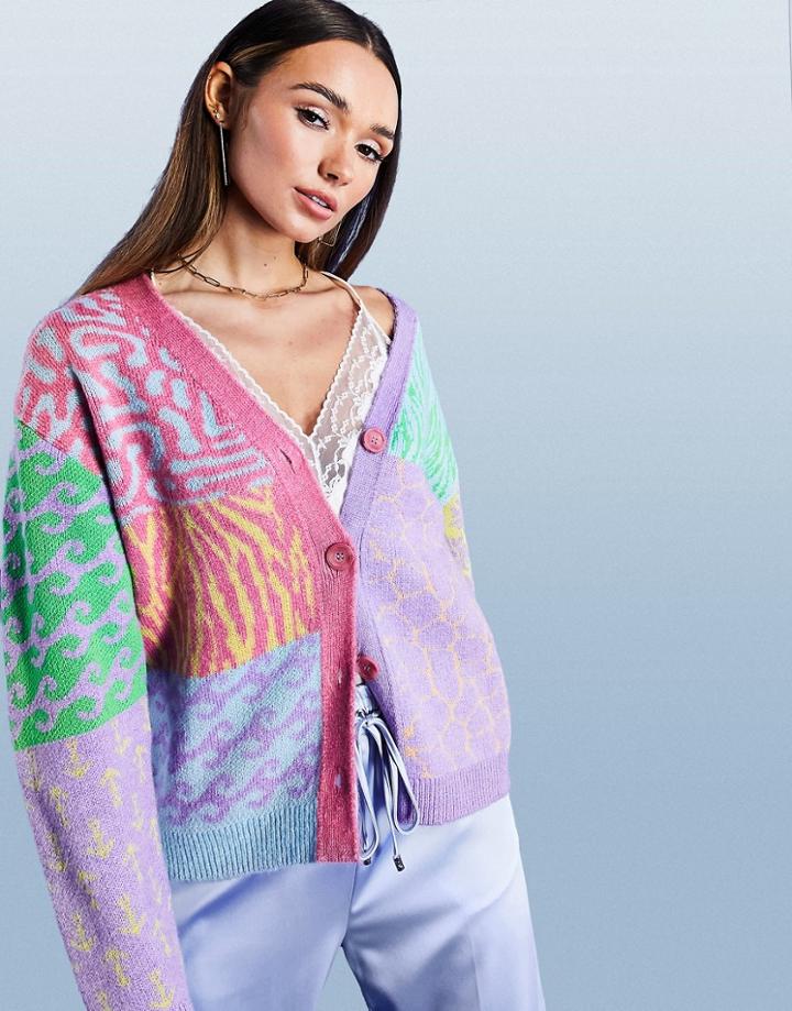 Asos Design Cardigan In Multi Block Pattern