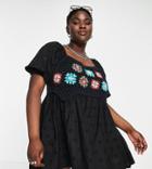 Asos Design Curve Crochet Puff Sleeve Eyelet Mini Dress In Black