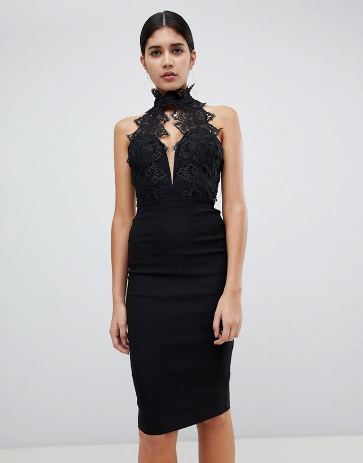 Rare London High Neck Lace Midi Dress - Black