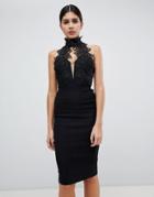 Rare London High Neck Lace Midi Dress - Black