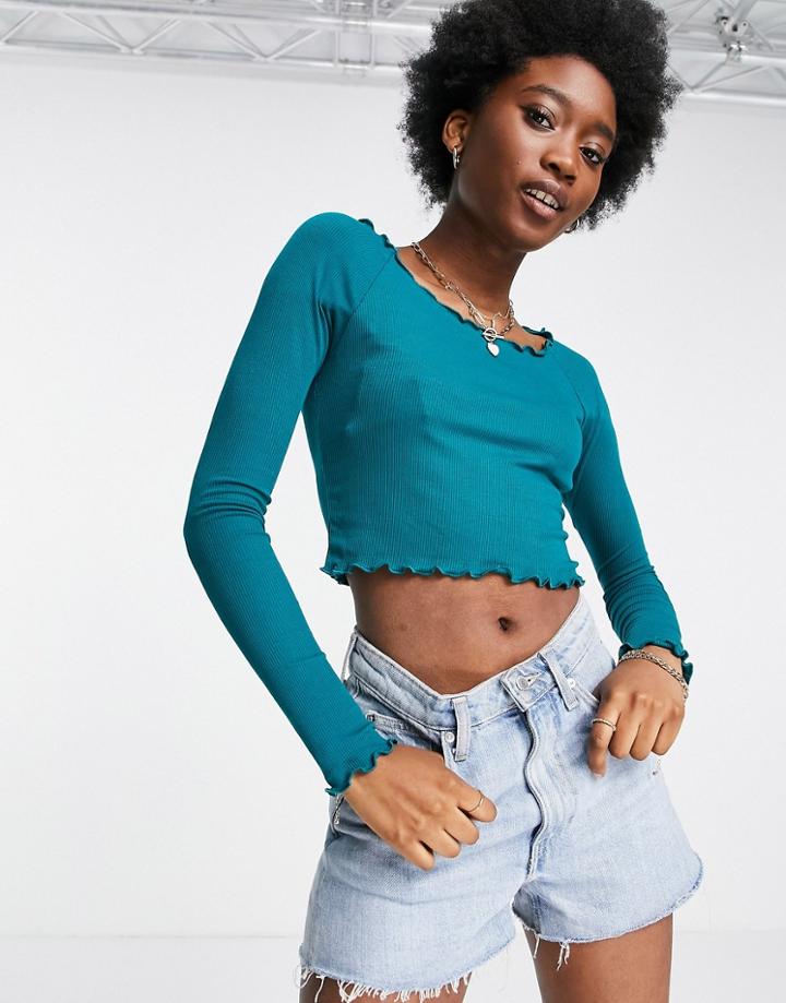 Urban Revivo Lettuce Hem Long Sleeve Crop Top In Dark Green
