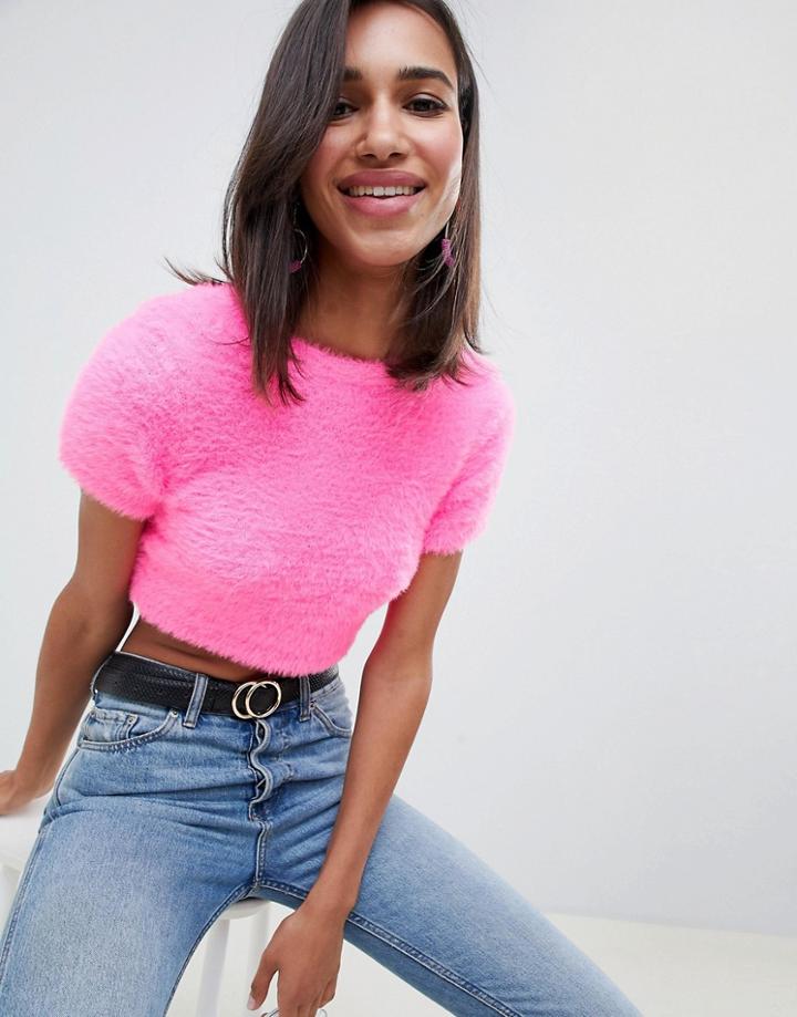 Asos Design Knit Top In Fluffy Yarn - Pink