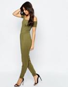 Asos Bardot Jersey Jumpsuit With Peg Leg - Khaki