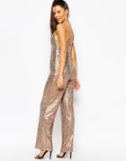 Rare London All Over Sequin Jumpsuit With Cross Back - Bronze Sequin