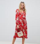 Influence Tall Mid Floral Dress With Pleated Skirt And Tie Waist - Red