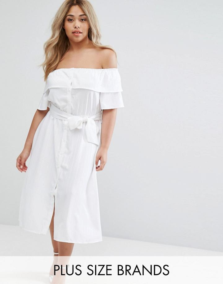 Lost Ink Plus Bardot Ruffle Prairie Dress With Tie Waist - White