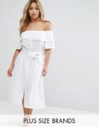 Lost Ink Plus Bardot Ruffle Prairie Dress With Tie Waist - White