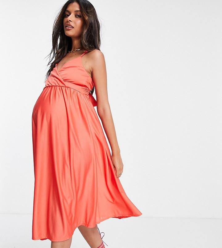Asos Design Maternity Cami Plunge Tie Back Midi Dress In Coral-orange
