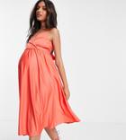 Asos Design Maternity Cami Plunge Tie Back Midi Dress In Coral-orange