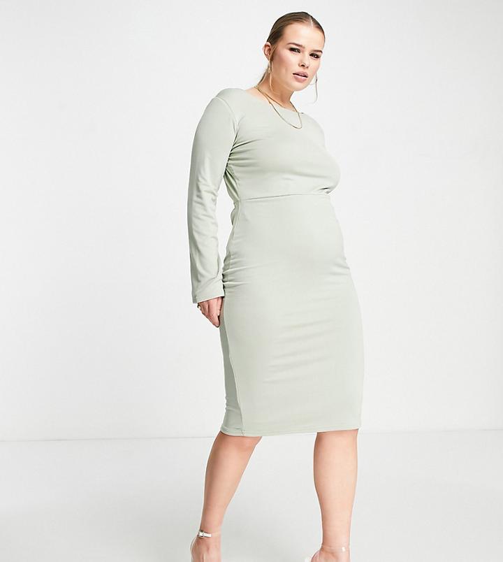 Public Desire Curve Double Layered Slinky Back Detail Midi Dress In Sage Green