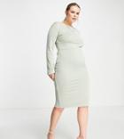 Public Desire Curve Double Layered Slinky Back Detail Midi Dress In Sage Green