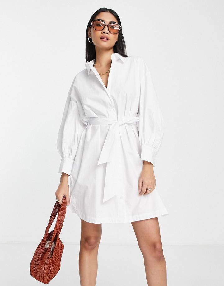Mango Cinched Tie Waist Shirt Dress In White