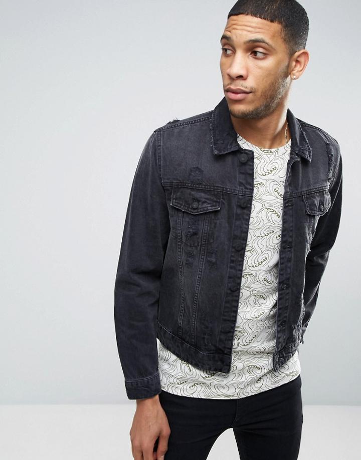 Only & Sons Denim Jacket With Distressed Details - Black