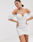 Public Desire X Lissy Roddy Milkmaid Mini Dress With Ruching And Puff Sleeves - White