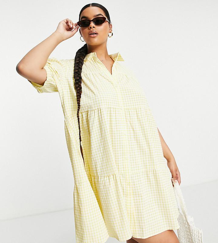 Lola May Plus Tiered Shirt Dress In Yellow Gingham