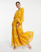 Asos Design 70s Tiered Embroidered Maxi Dress In Mustard-yellow