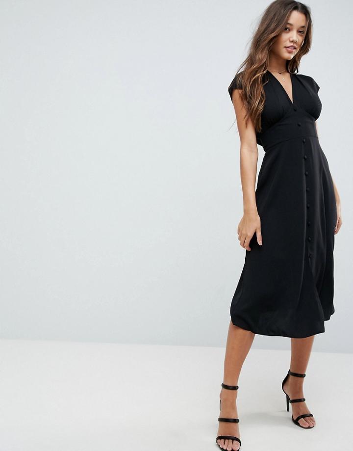 Asos Button Through Midi Dress With Bow Back Detail - Black