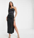 Flounce London Tall Satin Midi Dress With Ruched Cup Detail In Black