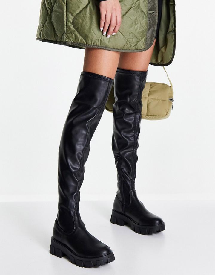 Missguided Over The Knee Boots With Chunky Sole In Black