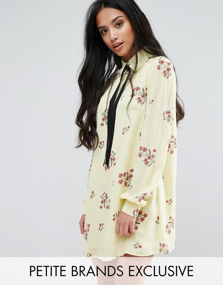 Fashion Union Petite Floral Printed Long Sleeve Shift Dress With Bow Tie Detail - Multi