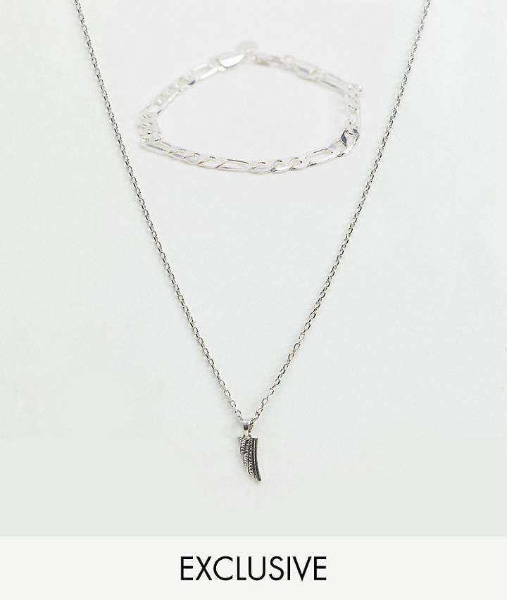 Chained & Able Wing Pendant Necklace & Figaro Chain Bracelet In 2 Pack Exclusive To Asos - Silver