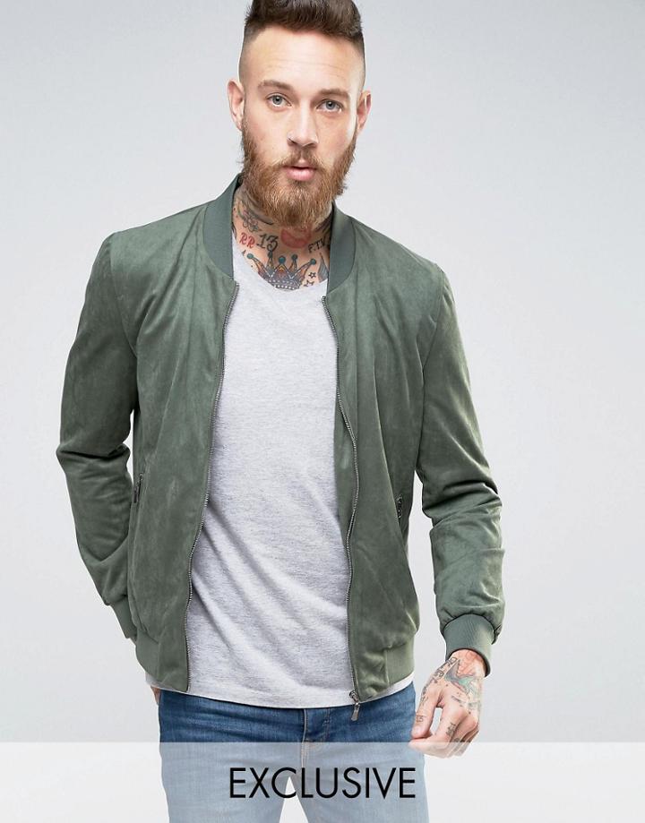 Black Phoenix Faux Suede Bomber In Khaki - Green