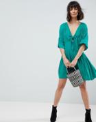 Asos Casual Mini Tea Dress In Crinkle With Bow - Green