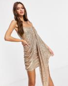 Rare London Sequin Bandeau Mini Dress In Gold-red