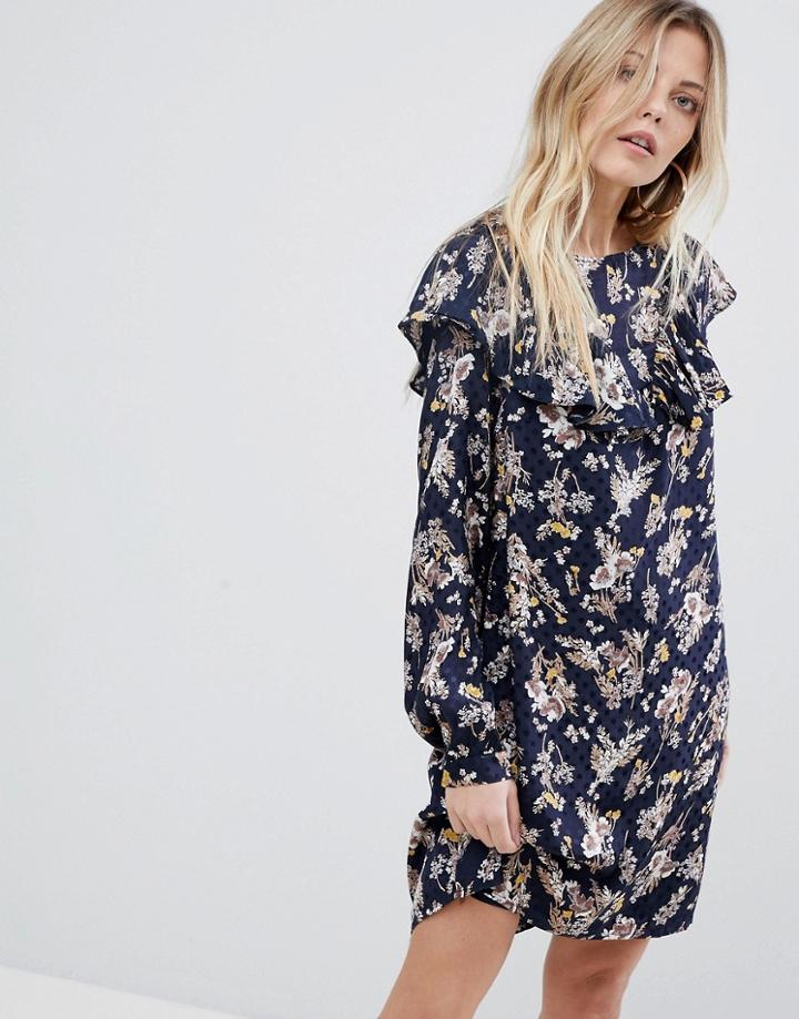 Vila Floral Ruffle Dress - Navy