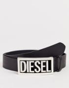 Diesel Contrast Large Logo Buckle Leather Belt In Black