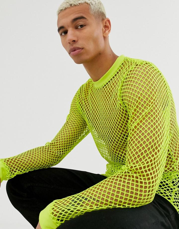 Asos Design Long Sleeve T-shirt In Neon Mesh-green