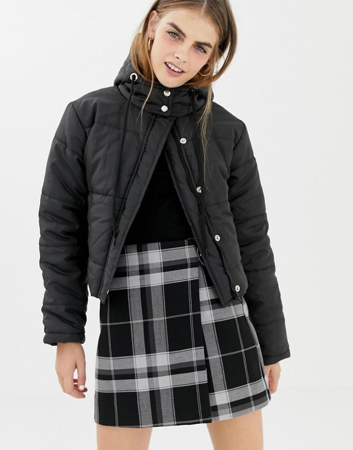 Daisy Street Cropped Padded Jacket With Hood - Black