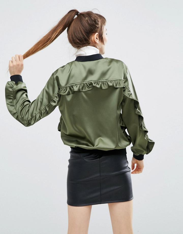 Asos Satin Ruffle Bomber - Green