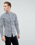 Jack & Jones Premium Slim Fit Shirt With Grandad Collar In Vertical Stripe - Navy