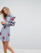 Asos Ruffle Front Shirt Dress In Spot And Floral Print - Multi