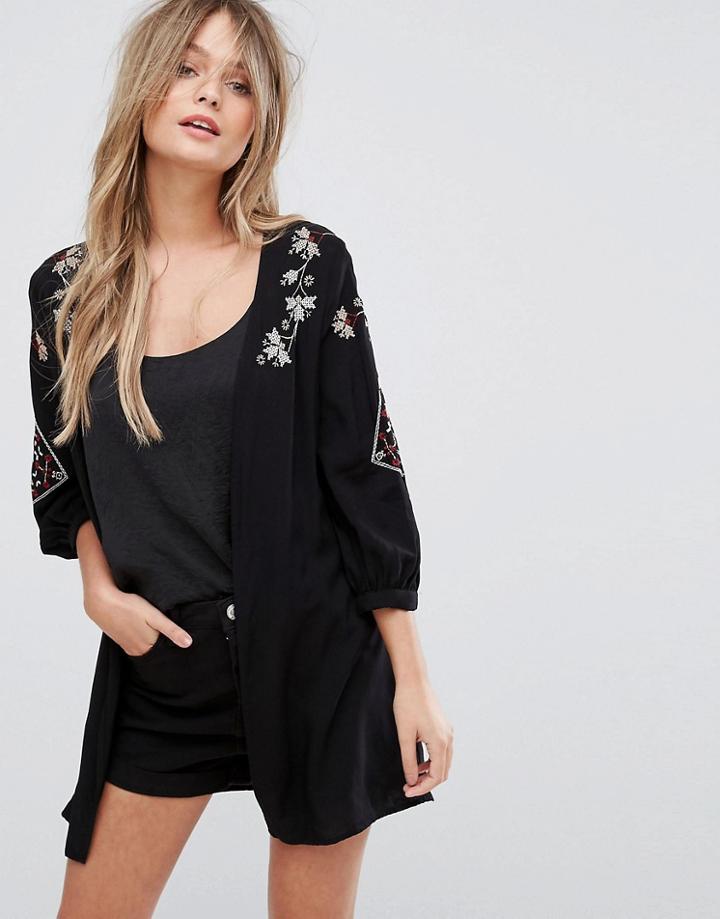 New Look Embroidered Kimono - Black