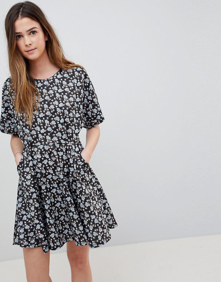 Qed London Floral Skater Dress With Cutout Detail - Black