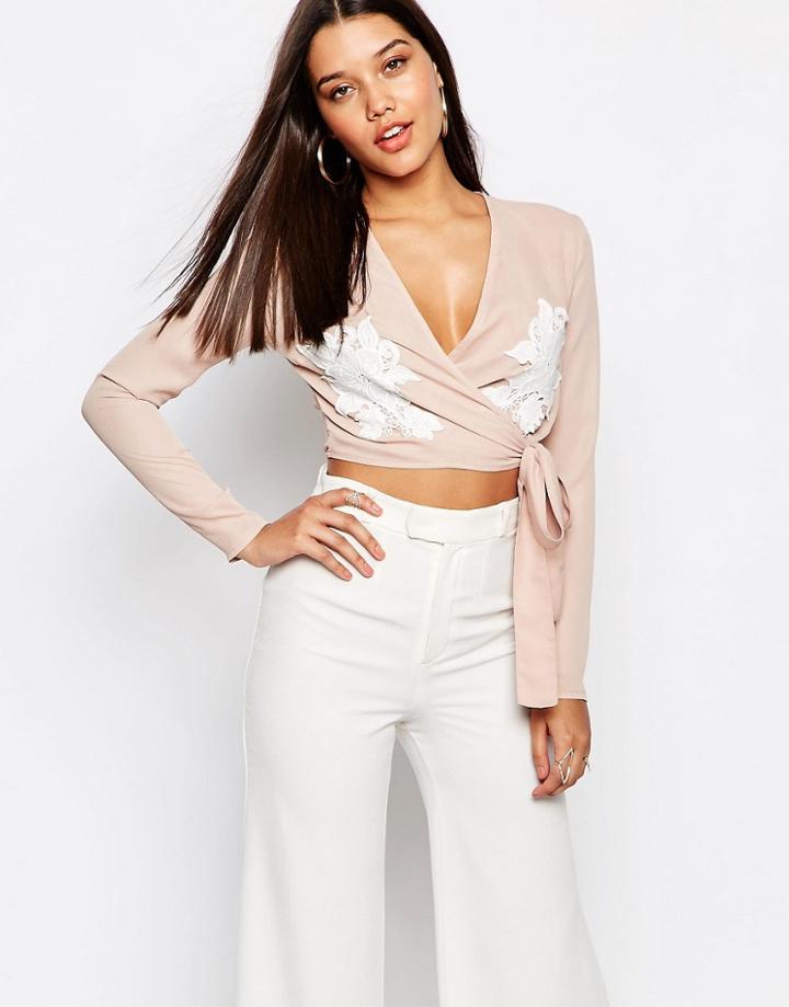 Missguided Floral Applique Tie Side Blouse - Nude