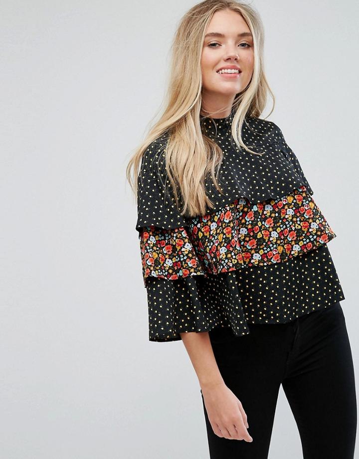 Influence Tiered Top In Mix And Match Print - Black